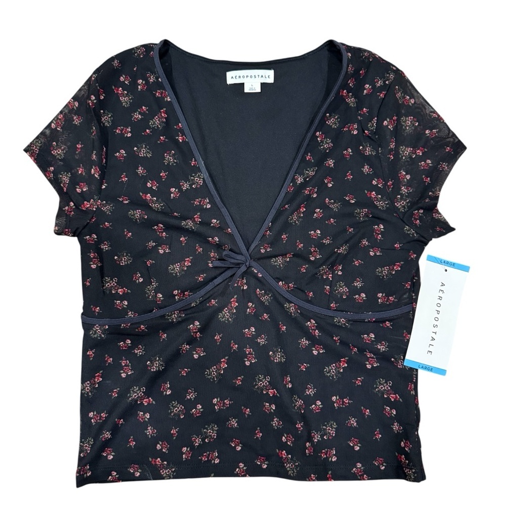 Aeropostale Mesh V-Neck Floral Crop Top Black Red Flowers Size Large NWT
